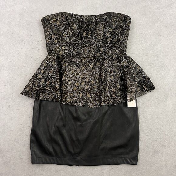 BCBG Mini Dress Womens Size 6 Strapless Metallic Faux Leather Lace Peplum NEW - Picture 8 of 14